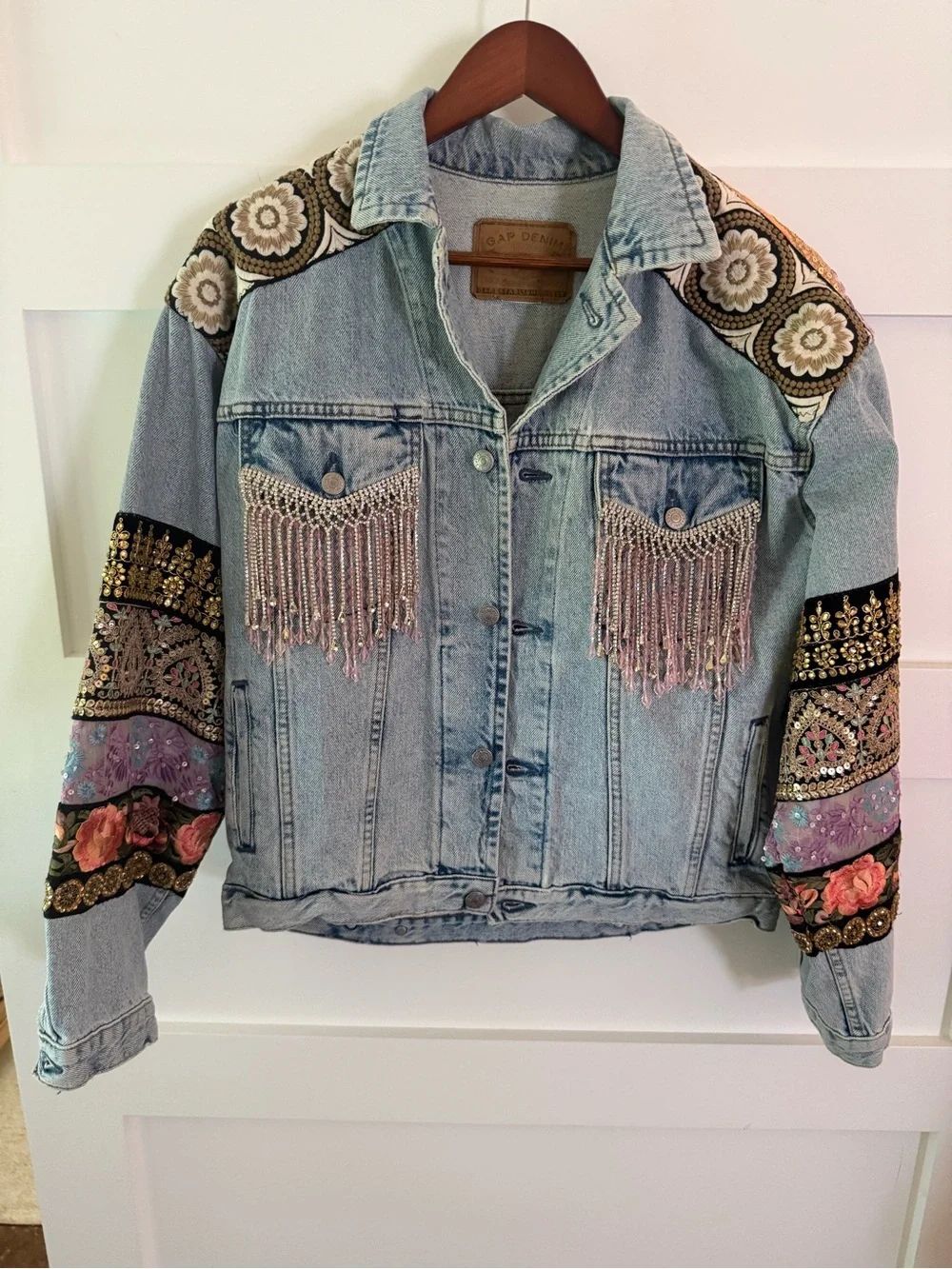 Upcycled Boho Embellished Denim Jacket with Beaded Fringe and Rhinestones